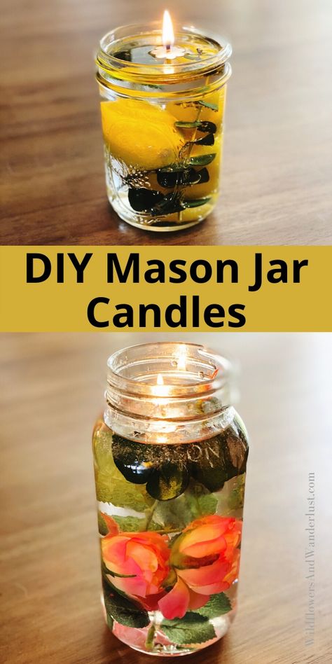 Make your own mason jar candles with our quick tutorial and inspiration.  Gather a few items from your yard and some clear glass containers and you're already halfway there.  These oil candles are a beautiful addition to your tabletop! WildflowersAndWanderlust.com Diy Mason Jar Oil Candles, Olive Oil Candles Diy, Forever Candles Diy, Ag Activities, Mason Jar Oil Candle, Oil Candles Diy, Scented Mason Jar Candles, Candle Diy Mason Jar, Church Fellowship