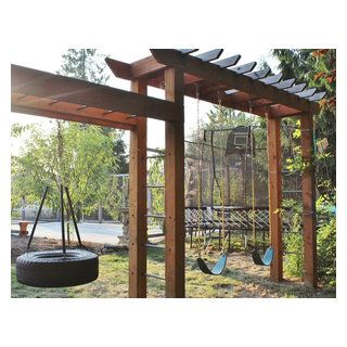 Kimberley Bryan Pergola With Playground, Swingset Garden Trellis, Backyard Discovery Pergola, Wooden Swingset Remodel, Gray Swingset, Pickleball Court, Backyard Playground, Pizza Oven, Pickleball