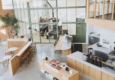 Inside Verve Coffee’s New Arts District LA Cafe and Roasting Compound - Eater LA Verve Coffee Roasters, Verve Coffee, Outdoor Space Design, Coffee Roastery, Arts District, Coffee Cafe, Private Room, Coffee Roasters, Cafe Design