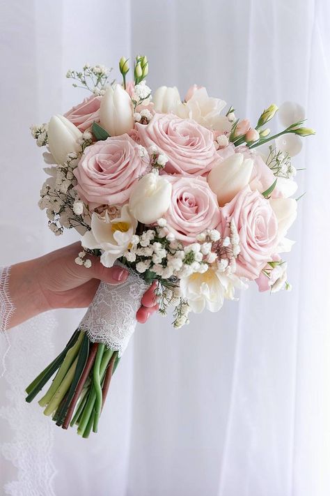 A Juliet roses bridal bouquet with blush roses and white tulips. Blush Pink And Cream Bridal Bouquet, Wedding Bouquets April, Bouquet Styles Wedding, White Bouquet With Pink Accents, Blush And Ivory Bouquet, Pink Tulips Wedding Bouquet, Bride Bouquets White And Pink, Bridesmaid Bouquet Pink And White, Wedding Bouquets Bride Roses