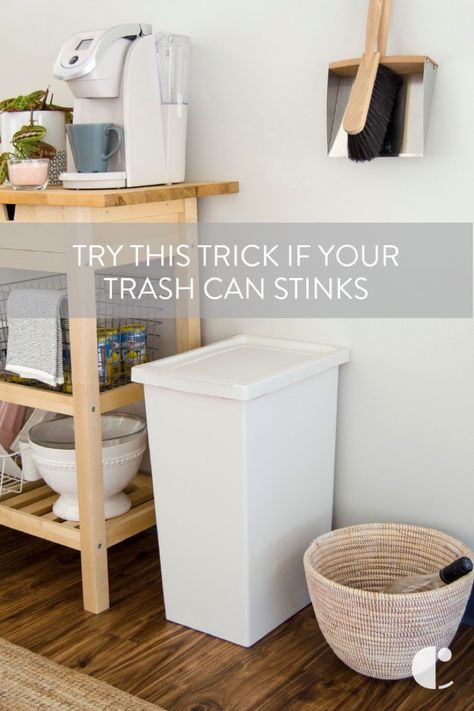 Trash can odors are inevitable. Here's a trick for eliminating the stank with a $6 product. Plus, tips and tricks for how to handle garbage can smells.    #tips, #tricks, #Life hack, #hack, #trash, #trashcan, #deodorizer, #deodorizer, #scent Smelly Trash Can Hacks, Garbage Can Deodorizer Diy, Remove Water Stains, Metal Trash Cans, Odor Absorber, Diy Fragrance, Your Trash, Bathroom Trash Can, Kitchen Trash Cans