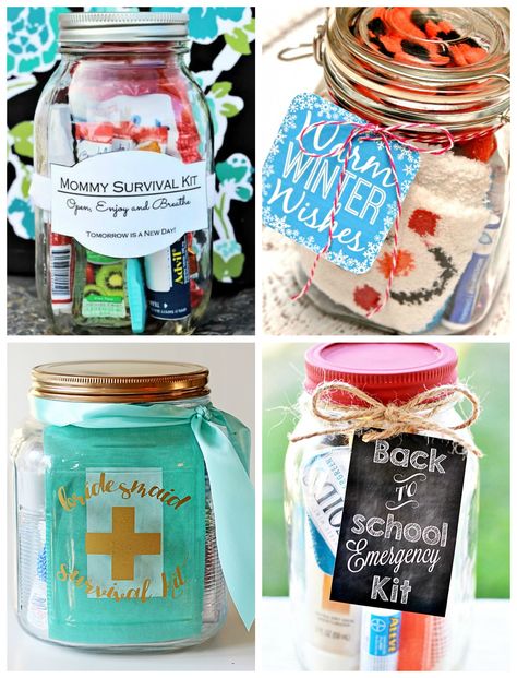 Diy Gifts In A Jar, Container Art, Mom Survival Kit, Garden Party Favors, School Emergency Kit, Party Favors For Kids, Bridesmaid Diy, Survival Kits, Mason Jar Gifts