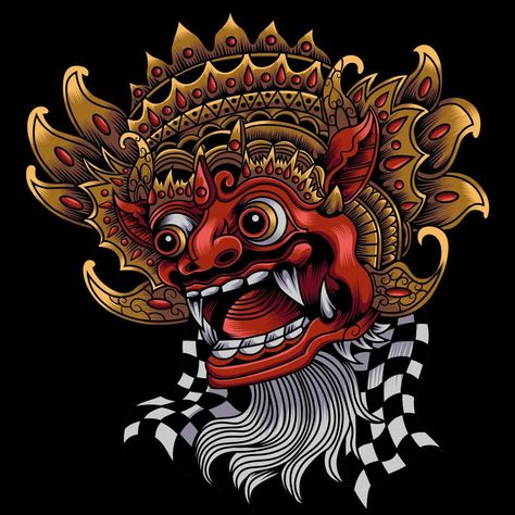 Vector illustration of barong bali mask Barong Tattoo, Barong Bali, Mask Illustration, Mask Drawing, Eagle Art, White Artwork, Japanese Tattoo Art, Flower Logo, Line Illustration