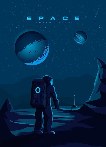 Vector space illustration. the landing o... | Premium Vector #Freepik #vector #space-travel #space-poster #mars #space-astronaut Space Technology Illustration, Stars Graphic Design Poster, Astronaut Graphic Design, Outer Space Graphic Design, Space Design Graphic, Space Travel Illustration, Changbin Gif, Space Exploration Illustration, Space Travel Art