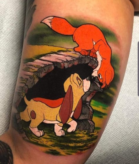 Fox And The Hound Tattoo, Pirate Map Tattoo, Hound Tattoo, Disney Sleeve Tattoos, Disney Sleeve, Nerd Tattoo, Dragon Sleeve Tattoos, Full Back Tattoos, The Hound