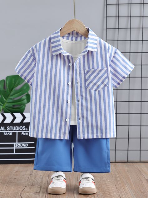 Blue Casual  Short Sleeve  Striped  Embellished Non-Stretch  Toddler Boys Clothing Shorts With Tank Top, Face Features, Tea Shirt, Boys Stripes, Creative Embroidery, Boys Fashion, Toddler Boy Outfits, Boys Clothes