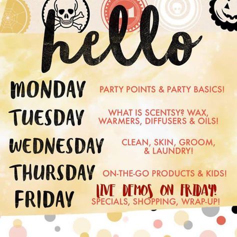 Scentsy Facebook Party Posts, Facebook Party Posts, Scentsy Halloween, Scentsy Display, Scentsy Party Ideas, Party Schedule, Scentsy Flyers, Scentsy Posts, Scentsy Facebook Party