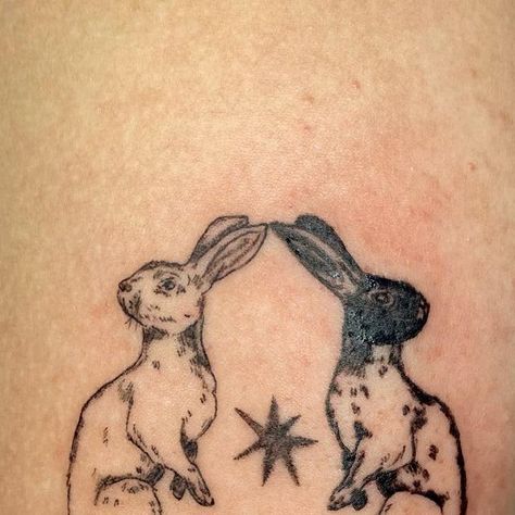 yeva’s tatts on Instagram: "bunnies for Sylvia!  thank you 🐇" Rabbit Stomach Tattoo, Mole Tattoo Animal, Black And White Rabbit Tattoo, Tattoos For Childhood Friends, Vintage Bunny Tattoo, Matching Rabbit Tattoos, 2 Bunny Tattoo, Three Bunnies Tattoo, Tiny Rabbit Tattoo