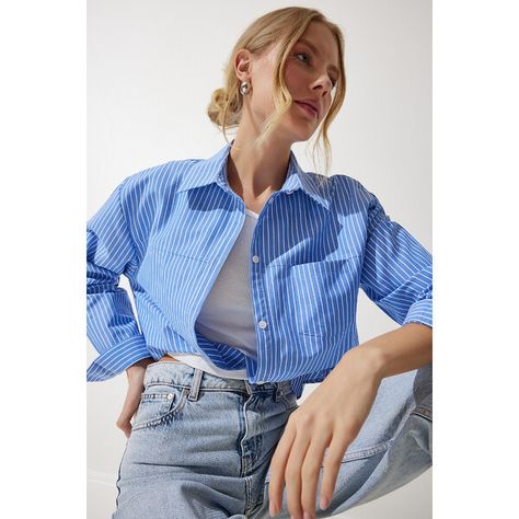 100% Polyester; Chest pocket, striped, crop blouse detailed shirt.;; Colors may vary due to light in studio shots.; Height: 1.73 cm, Bust: 79 cm Waist: 60 cm Hip: 90 cm Sky Blue Shirt Outfit, Blue Shirt Outfit, Sky Blue Blouse, Sky Blue Shirt, Studio Shots, Crop Blouse, Crop Shirt, Blue Blouse, Blue Shirt