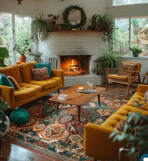 Living Room Mid Century Modern Bohemian, Colorful Living Room With Fireplace, Mcm Living Room Persian Rug, Boho Modern Living Room Inspiration, Boho Great Room Ideas, Coloured Couch Living Room, Mid Century Bohemian Decor, Boho Mcm Decor, Modern Mid Century Design