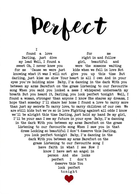 PRICES MAY VARY. PERFECT DESIGN : This Perfect Quote Song Lyric Poster can make your room full of artistic atmosphere.the It is sure to captivate wherever it is hung. INSTALLATION INSTRUCTIONS : Our poster has two choices, No Framed and Framed,if you choose have Framed ,poster was neatly wrapped on a wooden frame,if you choose No Framed,can be hung on the wall using mounts,,clips, push pins or thumb tacks. MATERIAL AND PRINTGING: This Perfect Quote Song Lyric Poster The production material is th Song Lyrics About Love For Her, Perfect Song Lyrics, Song Quotes Lyrics, Cute Song Quotes, Perfect Lyrics, Song Lyrics Quotes, Lyric Drawings, Songs Quotes, Poster For Bedroom