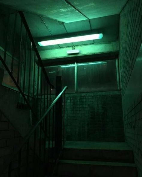 Dark Hallway, Green Light, Cyberpunk, Hallway, Stairs, Building, Green