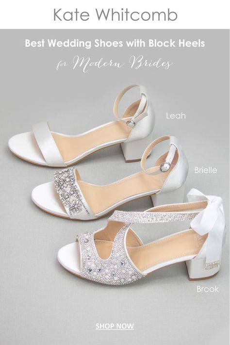 Looking for comfortable wedding shoes with block heels for your wedding? We are sharing all our best bridal shoes with comfy block heels. Our block heels are from 1 inch to 3.5 inches with classic satin finish to sparkly jeweled embellishments. Find your dream wedding shoes and bridals flats at Kate Whticomb. Comfortable Wedding Flats, Gold Bridesmaid Shoes, Silver Bridesmaid Shoes, Wedding Shoes Block Heel, Comfortable Wedding Shoes, Best Bridal Shoes, Shoes For Bride, Gold Wedding Shoes, Fun Wedding Shoes