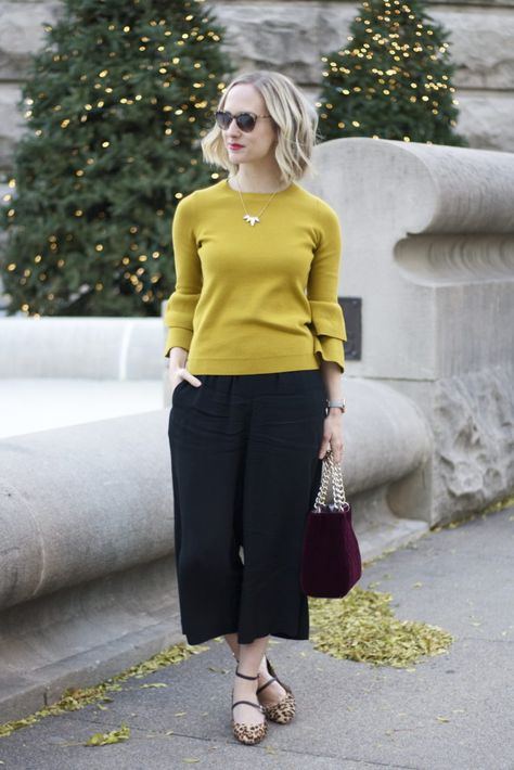 chartreuse bell sleeve sweater, culottes, strappy leopard pumps, velvet bag Chartreuse Top Outfit, Chartreuse Outfit, Trousers Outfit, Leopard Pumps, Boxy Top, Bell Sleeve Sweater, Velvet Bag, Wear To Work, Style Blog