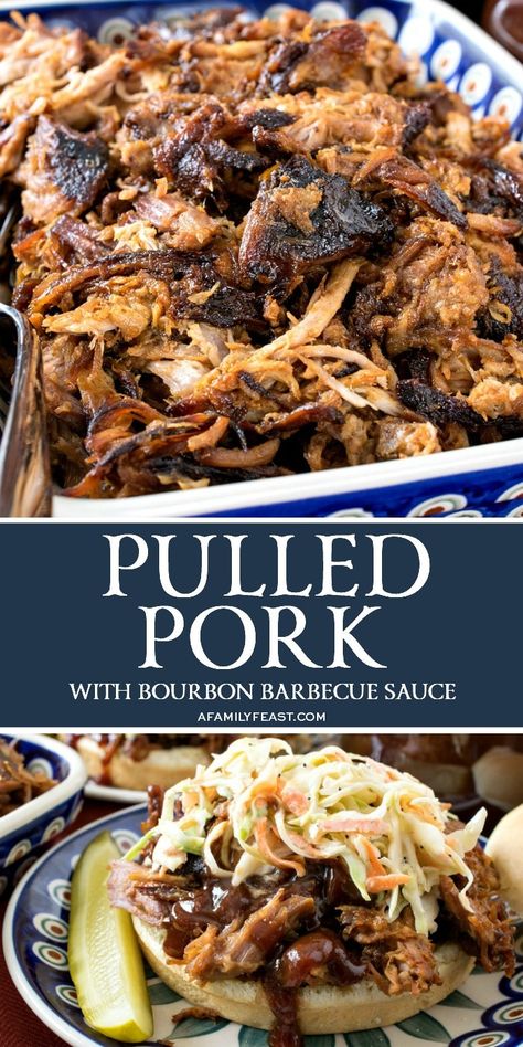 Low-and-slow oven roasting yields super tender and delicious Pulled Pork. Pulled Pork Marinade, Bge Recipes, Bourbon Barbecue Sauce, Family Feast Recipes, Pull Pork, Chameleon Cage, Pork Ribs Grilled, Feast Recipes, Nicolas Party