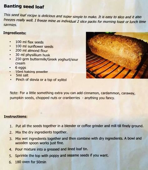 Banting seed loaf Banting Breakfast, Banting Bread, Banting Diet, High Fat Low Carb Recipes, Banting Recipes, Lchf Recipes, Low Carb Baking, Low Carbs, Baking Bread