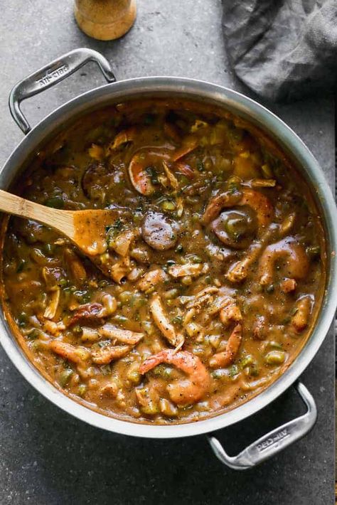 Shrimp Chicken Sausage Gumbo, New Orleans Gumbo, Gumbo Recipe Easy, Dark Roux, Seafood Gumbo Recipe, Homemade Potato Salads, New Orleans Recipes, New Orleans Style, Sausage Gumbo