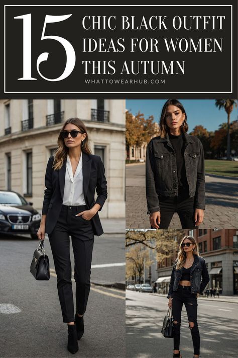 Dive into 15 exquisite black outfit ideas tailored for autumn. From cozy Casual Autumn Vibes vibes to Eccentric Capsule Wardrobe layers, these ensembles are crafted for both comfort and elegance. Whether youâ€™re planning a casual meet-up or heading out for a chic night, these looks bring a versatile edge to your fall wardrobe. Discover how to make black the cornerstone of your autumn fashion, blending modern trends with timeless style. Add these essentials to your wardrobe! #BlackOutfits Edgy Classic Outfits, Black Outfit Ideas For Women, Black Outfit Ideas, Black Fall Outfits, Chic Black Outfits, Black Culottes, Edgy Classic, Autumn Looks, Black Poncho