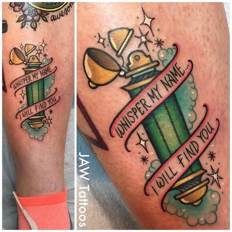 2,712 Likes, 39 Comments - Jess White (@jawtattoos) on Instagram: “"I heard it. A voice... Your voice, Hermione. You said my name. Just my name... Like a whisper." 💚😭…” Deluminator Tattoo, Harry Potter Tattoo Designs, Harry Potter Designs, B Tattoos, Harry Potter Sleeve, Tattoo Pinup, Tattoos Face, Like Tattoos, Potter Tattoo