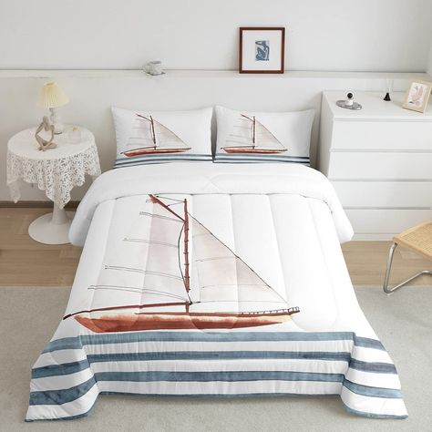 Sailboat Bedroom, Sea Adventure, Unique Bedding Sets, Printed Bedding, Sailboat Print, Set Bedroom, Adventure Of The Seas, Modern Quilt, Boys Bedroom