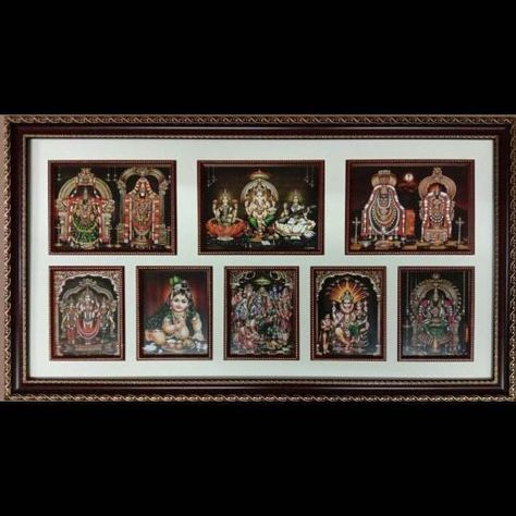 "Puja room setup with religious frames are on the rise. They are compact, decorated and neatly planned. The challenge is, to get all the required deity frames within the given space, ensuring it neither looks cramped nor empty.\n\nWe get that done for you." Gods Photo Frames, All God Images In One Frame, God Photo Frames For Pooja Room, Murugan Photo, God Frame, All God Images, Venkateswara Swamy, Murugan Wallpapers, God Photos