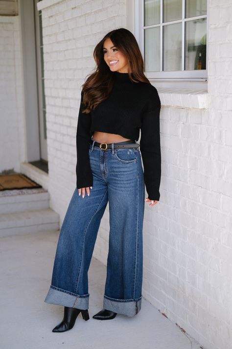 Elevate your style with our Patson Wide Cuffed Jeans! The high waisted design and functional pockets provide comfort and convenience while the dark wash adds a touch of sophistication. The wide leg fit and cuffed bottom hem make these jeans a trendy and versatile addition to any wardrobe. 100% cotton Inseam: about 29.5" Model is 5'3" with a 32" bust, 25" waist, and 38" hips wearing a size 25 Size rec: 24:0 25:2 26:4 27:6 28:8 29:10 30:12 runs true to size, if between sizes order down Wide Jeans Outfit Winter, Wide Leg Jeans Outfit Fall, Cuffed Jeans Outfit, Fall Outfits College, Wide Jeans Outfit, College Fall Outfits, Wide Cuff Jeans, Warm Fall Outfits, Outfits Neutral