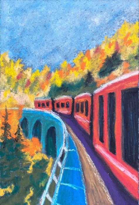 Autumn Train, Oil Pastel Crayons, Oil Pastel Landscape, Chalk Pastel Art, Oil Pastel Drawings Easy, Sky Art Painting, Pastel Crayons, Watercolor Architecture, Pastel Sec