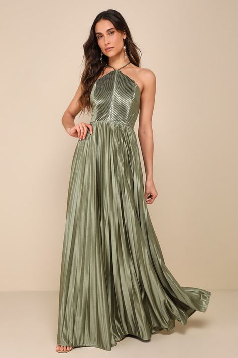 Elaborate Charm Olive Green Satin Pleated Backless Maxi Dress Green Formal Dresses, Sage Green Dress, Sage Dress, Backless Maxi Dress, Maid Of Honour Dresses, Olive Dress, Fall Wedding Guest Dress, Olive Green Dresses, Green Gown