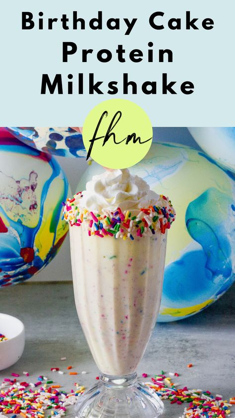 Birthday Cake Protein Milkshake Protein Milkshake Recipe, Birthday Cake Milkshake, Cake Milkshake, Healthy Milkshake Recipes, Healthy Macros, Food Polls, Birthday Cake Protein, Ice Cream Alternative, Protein Milkshake