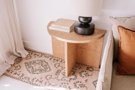 How To Make An Upcycled Cork Side Table! | Collective Gen Laminate Furniture, Cork Tiles, Tile Table, Wood Nails, Checker Design, Diy Wrap, Large Tile, Gold Spray Paint, Gold Spray