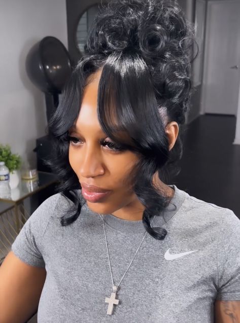 Curls To The Side Hairstyle Black Women, Loose Curl Ponytail Black Women, Updo Sewin Hairstyles, Frontal Pin Up Styles, Pin Curl Bun For Black Women, Curly Pin Up Hairstyles Black Women, Pin Up Ponytail Black Hair, Pin Up Curls For Black Women, Messy Updo Black Women