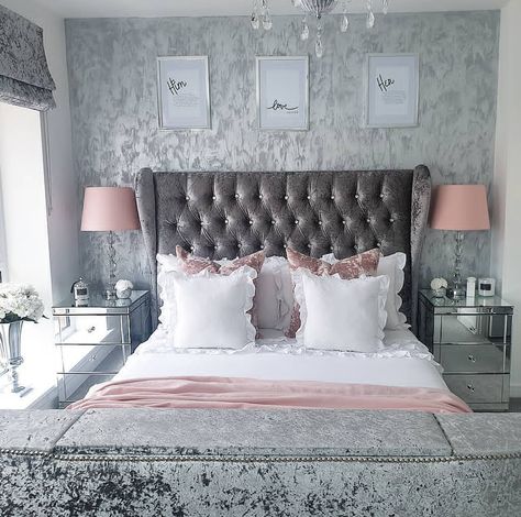 Crushed Velvet Bedroom, Crushed Velvet Bedroom Ideas, Bed Bedroom Ideas, Crushed Velvet Bed, Velvet Bedroom, Glam Bedroom Decor, Silver Bedroom, Grey Bedroom Decor, Dekorasi Kamar Tidur