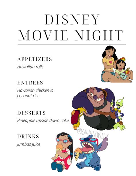 Lilo And Stitch Inspired Food, Movie Themed Family Dinners, Stitch Dinner And A Movie, Lilo And Stitch Menu Ideas, Lilo And Stitch Food Recipes, Lilo And Stitch Movie Night Food, Fork N Film Ideas, Lilo And Stitch Dinner And A Movie, Disney Inspired Food Movie Nights