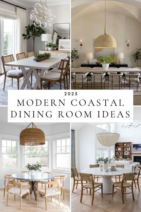 Modern Coastal Dining Room Ideas and Trends for 2025 – jane at home Beach House Kitchen Table And Chairs, Modern Coastal Breakfast Nook, Dining Room Coastal Farmhouse, California Modern Dining Room, Modern Coastal Dining Room Ideas, 2025 Dining Room Trends, Beach House Dining Table, Coastal Dining Room Table, Modern Coastal Dining