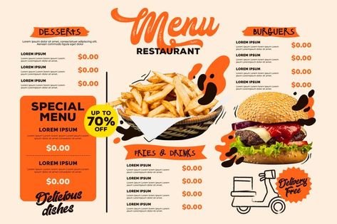 Menu Design Horizontal, Horizontal Menu Design, Digital Restaurant, Menu Design Layout, Menu Burger, Template Restaurant, Healthy Restaurant Food, Menu Pizza, Seafood Menu