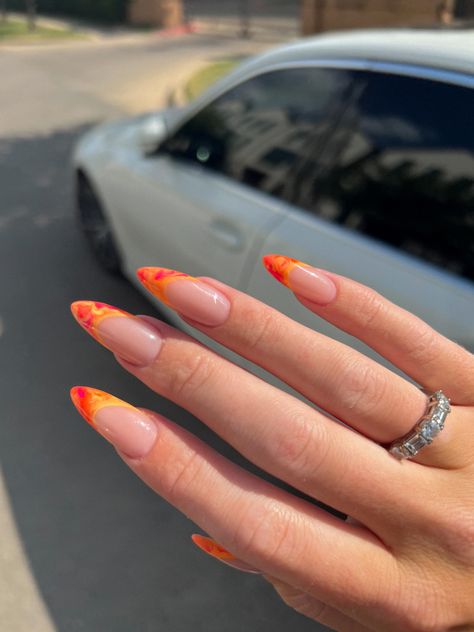 Sunset Almond Nails, Sunset French Tip Nails, Almond Abstract Nails, Abstract Almond Nails, Abstract French Tip Nails, French Almond, Sunset Nails, Abstract Nails, Orange Sunset