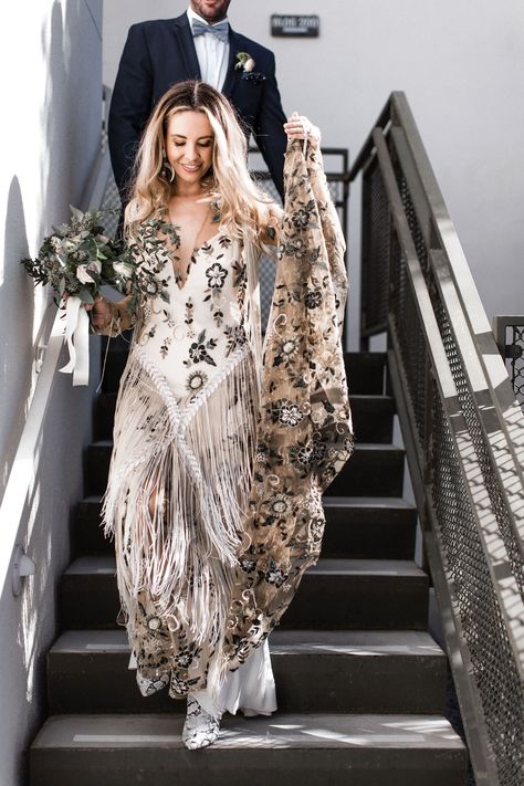 Boho Vegas Wedding, Boho Colored Wedding Dress, Odd Wedding Dresses, Western Boho Wedding Dress Long Sleeve, Aztec Wedding Dress, Jungle Wedding Dress, Woodstock Wedding, Fringe Wedding Dress, Native American Wedding