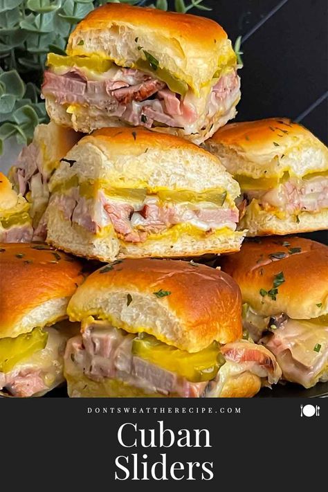 Grilled Pork Tenderloin Cuban Sliders: Citrus-marinated pork, ham, Swiss cheese, mustard, and pickles on slider rolls—perfect for a quick, flavorful meal! Hot Dog Cakes, Pork Sliders Recipes, Cuban Sliders, Chip Dip Recipes, Pork Tenderloin Sandwich, Slider Rolls, Pork Sliders, Grilled Pork Tenderloin, Pork Ham