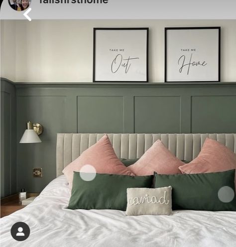 Green And Cream Panelling, Green Paneled Bedroom, Panelling Green Bedroom, Green Bedroom Wall Panelling, Half Wall Bedroom Ideas, Green Panel Bedroom, Bedroom Half Wall Paneling, Half Accent Wall Bedroom, Green Bedroom Panelling