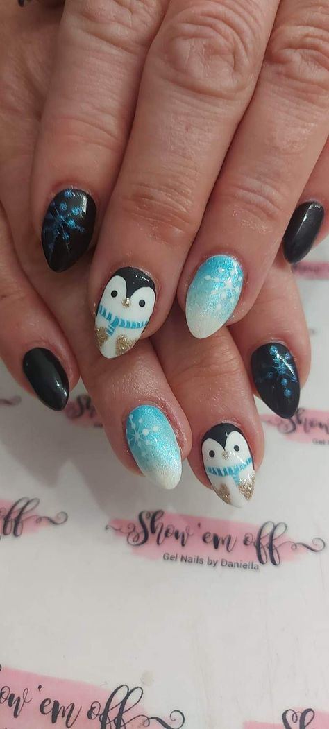 New nails from the so very talented Daniella Christmas Nails Penguin Winter, Penguin Nail Art Christmas, Winter Penguin Nails, Winter Animal Nails, Penguin Christmas Nails, Penguin Nails Christmas, Arctic Nails, Winter Nails For Kids, Penguin Nail Designs