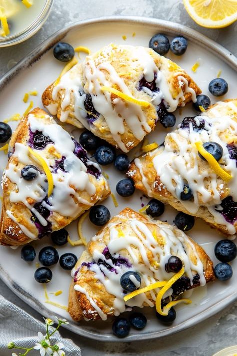 Glazed Lemon Blueberry Scones Sourdough Discard Lemon Blueberry Scones, Blueberry Scones With Lemon Glaze, Blueberry Lemon Bread, Lemon Blueberry Scones, Healthy Scones, Blueberry Lemon Scones, Blueberry Scones Recipe, Energizing Breakfast, Lemon Scones