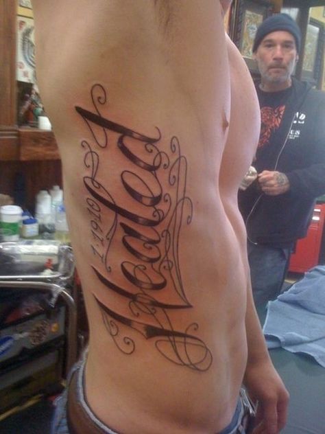 Writing Tattoos For Men, Cursive Writing Tattoos, Rib Tattoo Men, Rib Cage Tattoo, Personal Tattoos, Cage Tattoo, Tattoo Ribs, Best 3d Tattoos, Cursive Tattoo