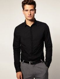 Asos Double Cuff Shirt Minimalist Smart Casual, Smart Casual Outfit Men, Black Cocktail Attire, Black Shirt Dress Outfit, Men's Smart Casual, Casual Office Outfit, Grey Pants Men, Mens Work Outfits, Smart Casual Office