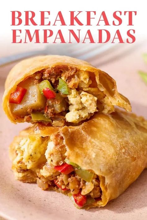 These Breakfast Empanadas are made with a buttery, flaky dough and have a filling of chorizo, potato, eggs, spices, peppers, and cheese! They make a great on-the-go breakfast recipe and can be made ahead of time. #empanadas #breakfastempanadas Sausage Empanadas, Breakfast Empanadas, Potato Eggs, Easy Empanadas Recipe, Chorizo Potato, Empanada Dough, 90s Playlist, Cornish Pasties, Handle The Heat