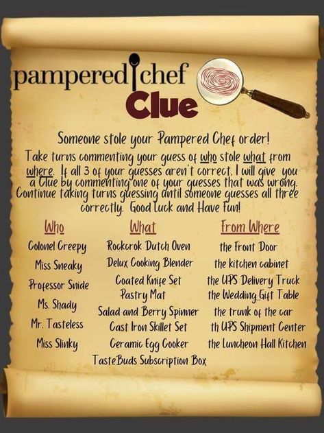 Pampered Chef Party Games, Chef Images, Norwex Party, Pampered Chef Stoneware, Clue Games, Chef Ideas, Pampered Chef Party, Gift Table Wedding, Chef Party