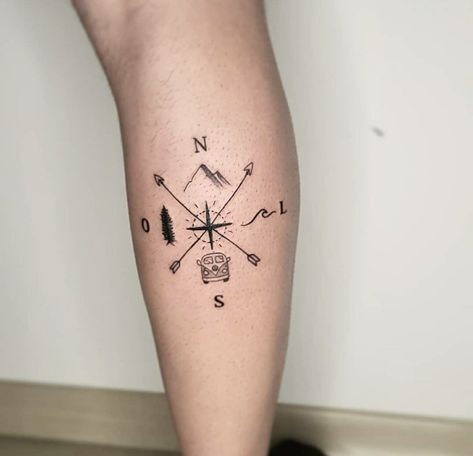 White Water Rafting Tattoo, Minimalistic Compass Tattoo, Montain Tattoo Designs, Trekking Tattoo, Defender Tattoo, Trip Tattoo Ideas, Backpacking Tattoo, Tattoo Men Minimalist, Roadtrip Tattoo