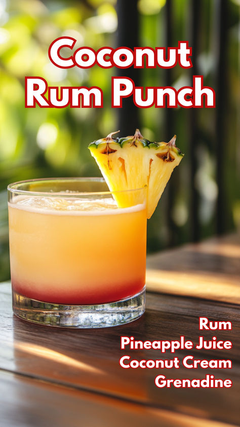 Coconut Rum Punch Coconut Rum Punch, Rum Punch Drink, Coconut Rum Punches, Rum Mixed Drinks, Rum Punch Cocktail, Coconut Rum Drinks, Christmas Drinks Alcohol Recipes, Alcoholic Punch Recipes, Rum Punch Recipes