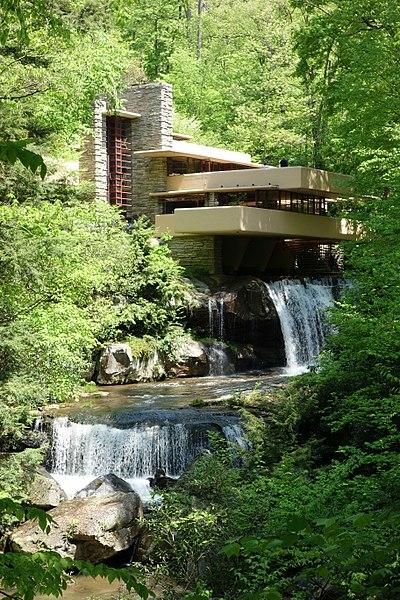 Falling Water Frank Lloyd Wright, Kaufmann House, Accent Paint, Biophilic Architecture, Falling Water House, Mirror Accent, Frank Lloyd Wright Buildings, Frank Lloyd Wright Design, American Garden