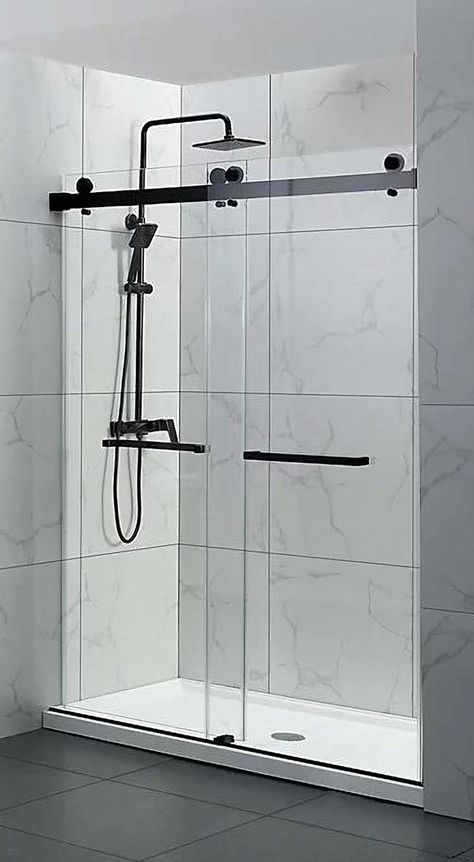 Shower Barn Door, Modern Shower Doors, Black Shower Doors, Shower Sliding Glass Door, Bathroom Shower Doors, Bathroom Shower Design, Frameless Shower Door, Bathroom Redesign, Frameless Shower Doors