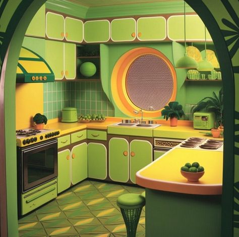 Kitchy Interior Design, 70s Space Age Interior, Googie Interior Design, Groovy House Aesthetic, 60s House Interior, Retrofuturism Decor, 60s Room Aesthetic, 60s House Decor, 60s Home Aesthetic